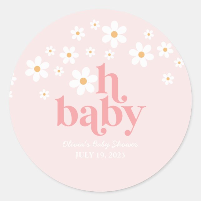 Pegatina Redonda Retro Daisy Pink Baby Shower (Anverso)