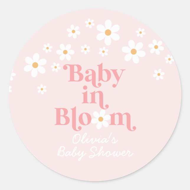 Pegatina Redonda Retro Daisy Pink Baby Shower (Anverso)