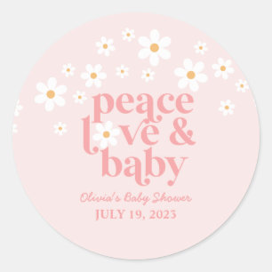Pegatina Redonda Retro Daisy Pink Boho Peace Love Baby Shower