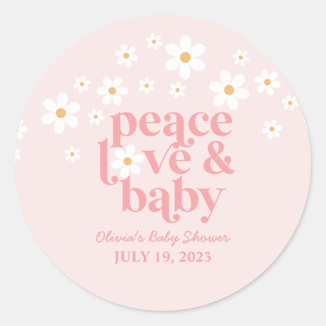 Pegatina Redonda Retro Daisy Pink Boho Peace Love Baby Shower (Anverso)