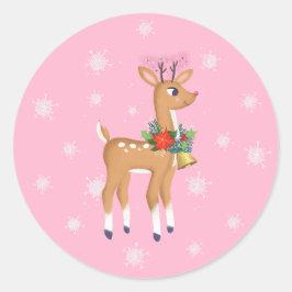Pegatina redonda retro de Navidad rosa Rudolph clá