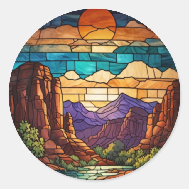 Pegatina Redonda Retro desert scene Sedona mountains stainglass art (Anverso)