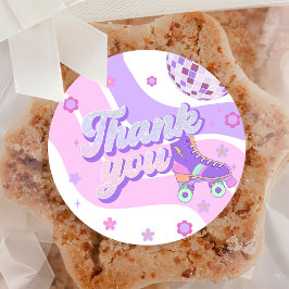 Pegatina Redonda Retro Disco Roller Skate Primer Cumpleaños