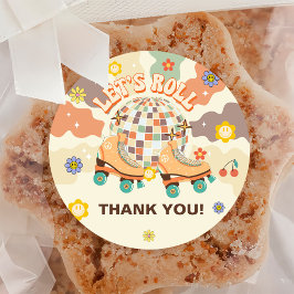 Pegatina Redonda Retro Disco Roller Skate Primer Cumpleaños