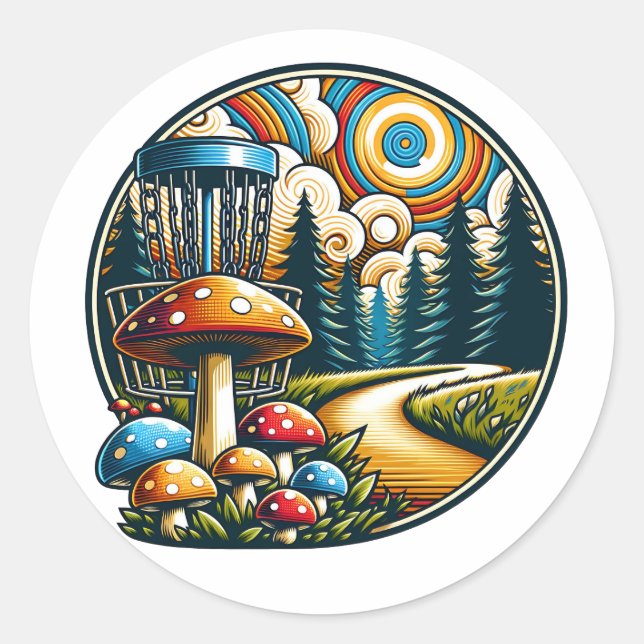 Pegatina Redonda Retro Disk Golf Psychedelic Ai Art (Anverso)