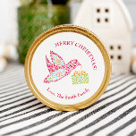 Pegatina Redonda Retro Dots Holiday Gift Bird Merry Christmas<br><div class="desc">Diversos tamaños de puntos en tonos retro de verdes, rojos y azules hacen un pájaro de aspecto moderno retro que lleva un regalo. El saludo personalizado dice "¡Feliz Navidad!" en un color de coordinación. Las hermosas obras de arte originales hacen una etiqueta especial de regalo para amigos y familiares. Elementos...</div>