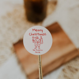 Pegatina Redonda Retro Drawn Red Santa Claus Merry Christmas