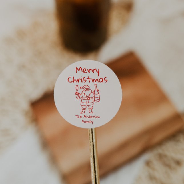 Pegatina Redonda Retro Drawn Red Santa Claus Merry Christmas (Subido por el creador)