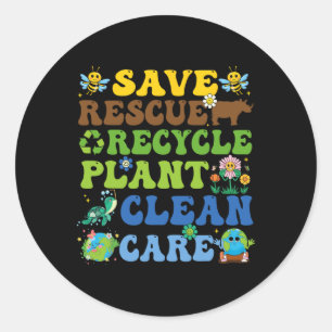 Pegatina Redonda Retro Earth Day Salven abejas Rescate animales Rec