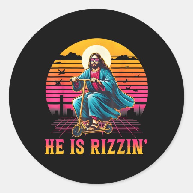 Pegatina Redonda Retro Es Rizzin Gracioso Jesús Ha Rizzen Easter C (Anverso)