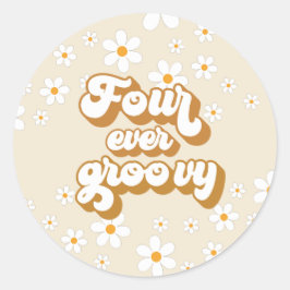 Pegatina Redonda Retro Four Ever Groovy Daisy Cumpleaños 4
