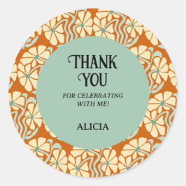 Pegatina Redonda Retro Funky Groovy Boho Cumpleaños Botánico