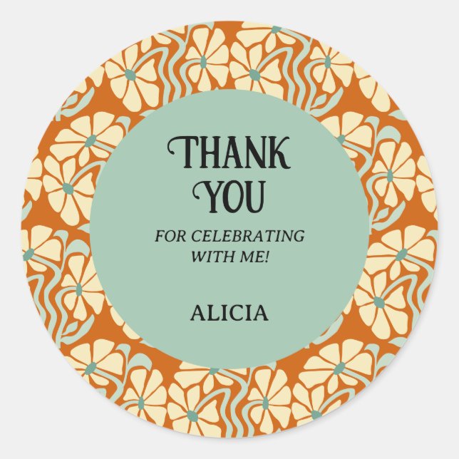 Pegatina Redonda Retro Funky Groovy Boho Cumpleaños Botánico (Anverso)