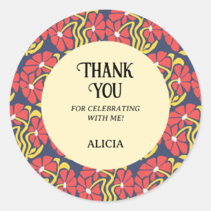 Pegatina Redonda Retro Funky Groovy Trippy Daisy Floral Cumpleaños