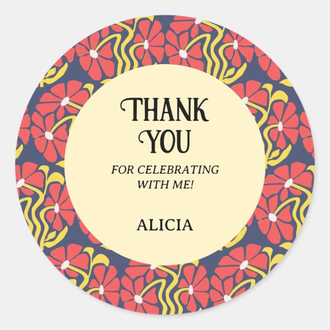 Pegatina Redonda Retro Funky Groovy Trippy Daisy Floral Cumpleaños (Anverso)