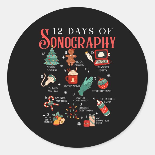 Pegatina Redonda Retro Funny 12 Days Of Sonography Ultrasound Tech  (Anverso)