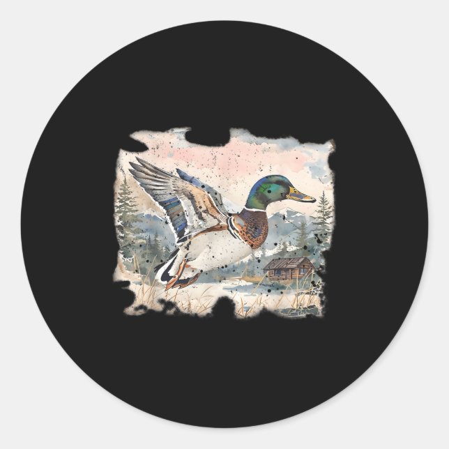 Pegatina Redonda Retro Funny Mallard Duck Waterfowl Hunting Cozy Se (Anverso)