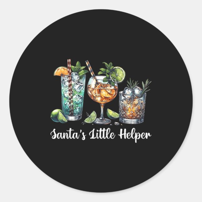 Pegatina Redonda Retro Funny Santa's Little Helper Martini Merry Ch (Anverso)