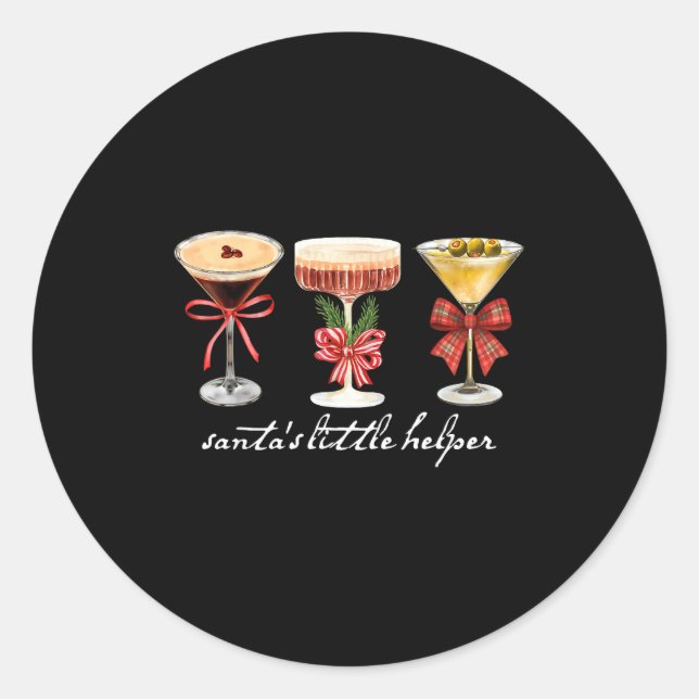 Pegatina Redonda Retro Funny Santa's Little Helper Martini Merry Ch (Anverso)