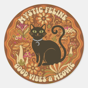 Pegatina Redonda Retro Gato Feline Místico Groovy de los 70 Gato Ne