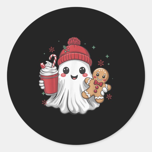 Pegatina Redonda Retro Ghost Beanie Christmas Holiday Xmas Coffee G (Anverso)