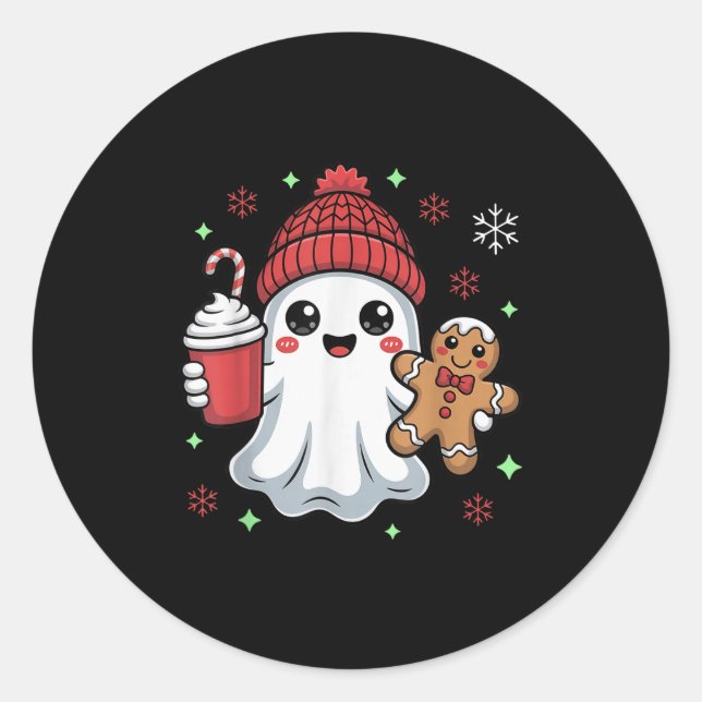 Pegatina Redonda Retro Ghost Beanie Christmas Holiday Xmas Coffee G (Anverso)