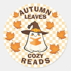 Pegatina Redonda Retro Ghost otoño deja cómodos lera lecturas de Ha