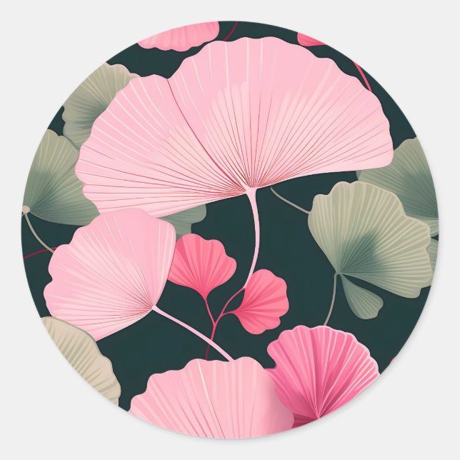 Pegatina Redonda Retro Ginkgo Se Deja En Rosa Suave (Anverso)