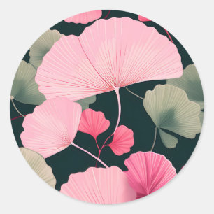 Pegatina Redonda Retro Ginkgo Se Deja En Rosa Suave
