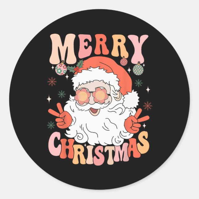 Pegatina Redonda Retro Groovy Feliz Navidad Papá Noel Ho (Anverso)