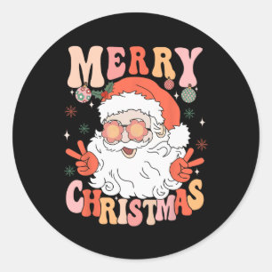 Pegatina Redonda Retro Groovy Feliz Navidad Papá Noel Ho