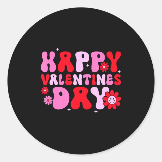 Pegatina Redonda Retro Groovy Happy Valentines Day Hearts Love Wome (Anverso)