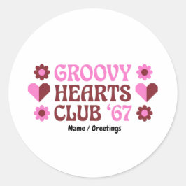 Pegatina Redonda  Retro Groovy Hearts Club '67 Pink Brown Valentine