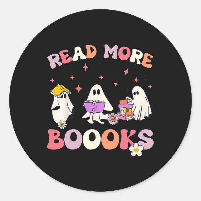 Pegatina Redonda retro Groovy Leer más libros Ghost Boo ghoul Fun H (Anverso)