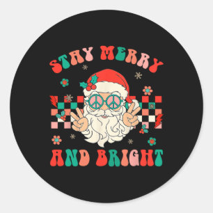 Pegatina Redonda Retro Groovy Stay Merry Y Bright Santa Claus Chr