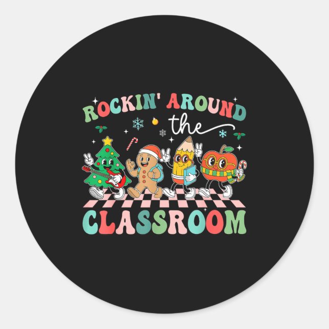Pegatina Redonda Retro Groovy Teacher Christmas Rockin' Around The  (Anverso)