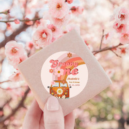 Pegatina Redonda Retro Groovy una fiesta de cumpleaños de las flore