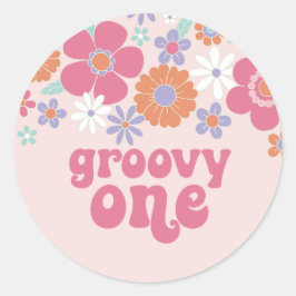 Pegatina Redonda Retro Groovy Uno Floral Rosa