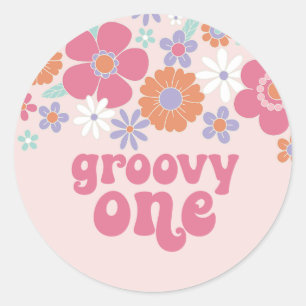Pegatina Redonda Retro Groovy Uno Floral Rosa