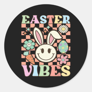 Pegatina Redonda Retro Groovy Vibes de Pascua Bunny Checkered Smile