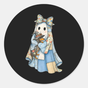 Pegatina Redonda Retro Halloween Azul Denim Fantasma Dachshund Dive