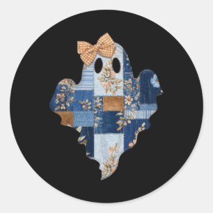 Pegatina Redonda Retro Halloween Blue Denim Patchwork Ghost Boo Coq