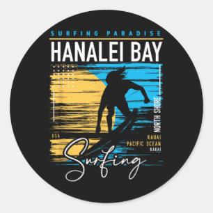 Pegatina Redonda Retro Hanalei Y Kauai Costa Norte Surfing Surf Haw