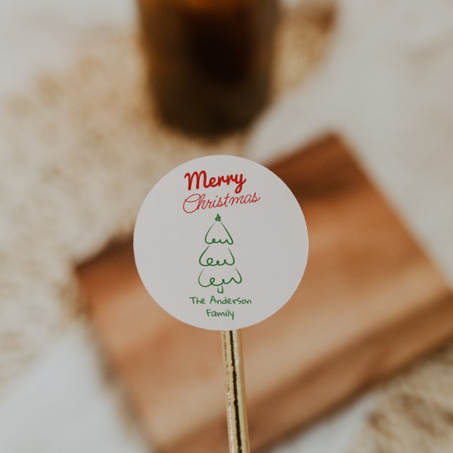 Pegatina Redonda Retro Hand Drawn Green Red Abstract Christmas Tree (Subido por el creador)