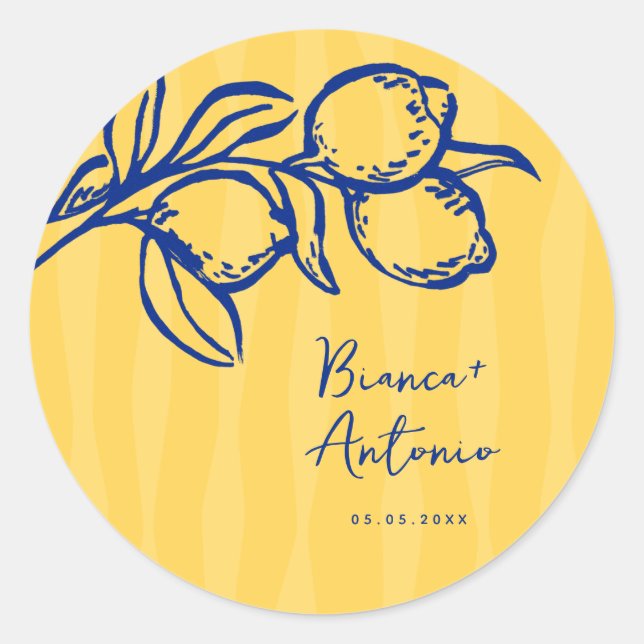 Pegatina Redonda Retro Hand Drawn Handwritten Blue Italian Wedding (Anverso)