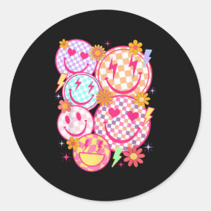 Pegatina Redonda Retro Happy Face Check Pattern Sonrisa Face Tren