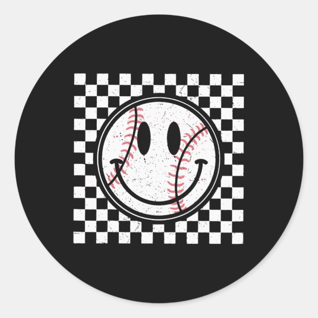 Pegatina Redonda Retro Happy Face Game Day Baseball Pattern Smile F (Anverso)