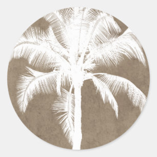 Pegatina Redonda Retro Hawaití Tropical Palm Tree Silhouette White