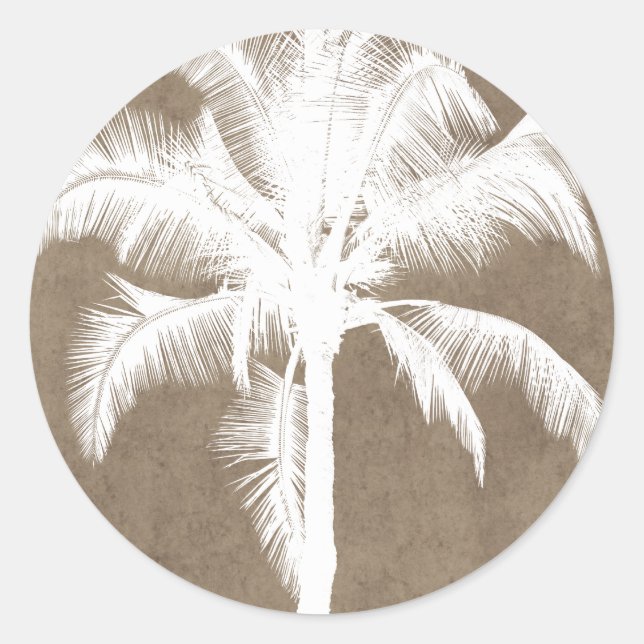 Pegatina Redonda Retro Hawaití Tropical Palm Tree Silhouette White (Anverso)