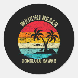Pegatina Redonda Retro Honolulu Hawaii Waik de vacaciones familiare